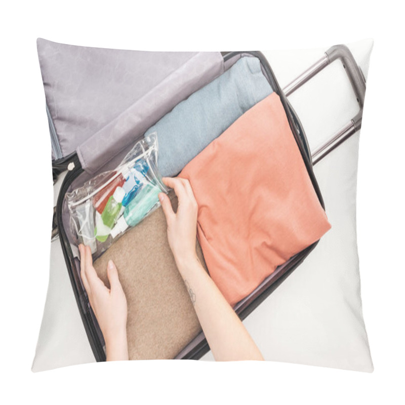 Personality  Cropped View Of Woman Packing Travel Bag On White Background  Pillow Covers