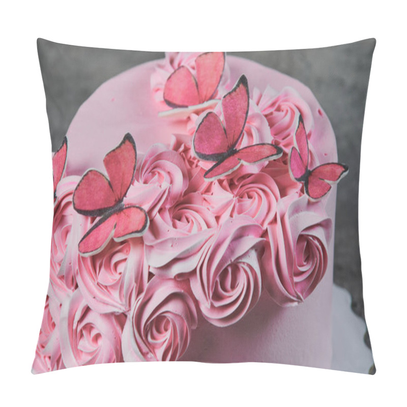 Personality  Overhead View Of A Freshly Baked Cake Decorated With Pink Icing Sugar Roses Displayed On A Cake Stand Over A Black Background With Copyspace. Pillow Covers