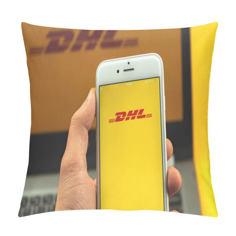 Personality  Kharkov, Ukraine - February 22, 2021: DHL App On Screen Of Apple Smartphone, Logo Of Shipping Company, Background Photo Pillow Covers