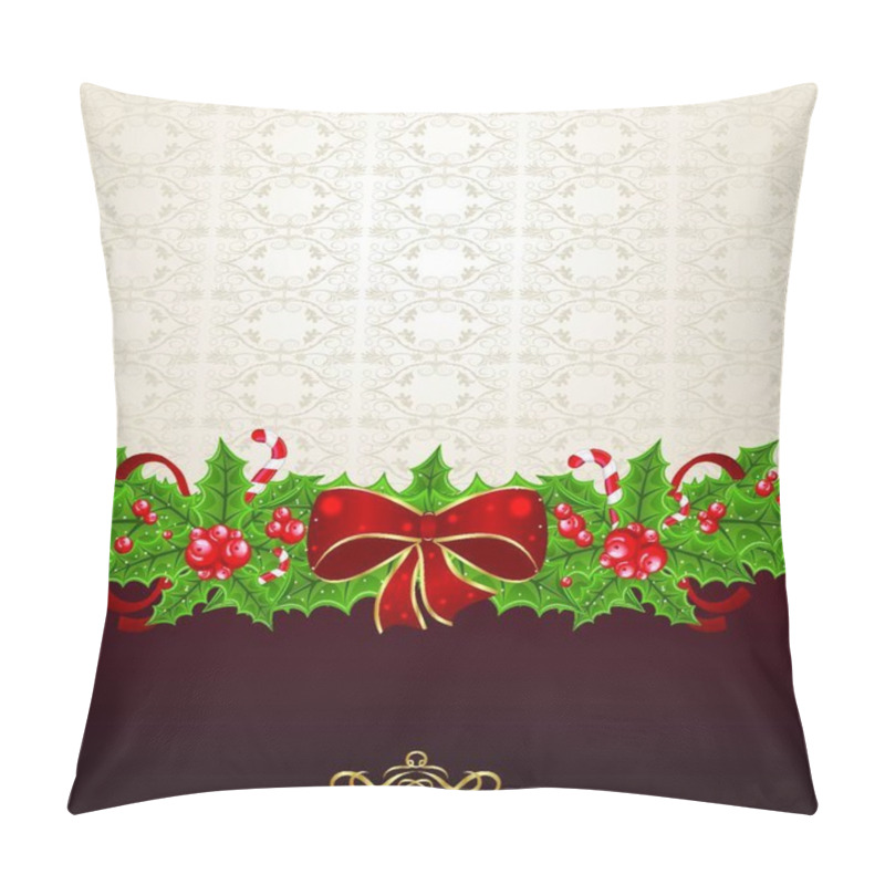 Personality  Illustration Beautiful Christmas Background With Mistletoe, Bow And Pine - Vector Pillow Covers