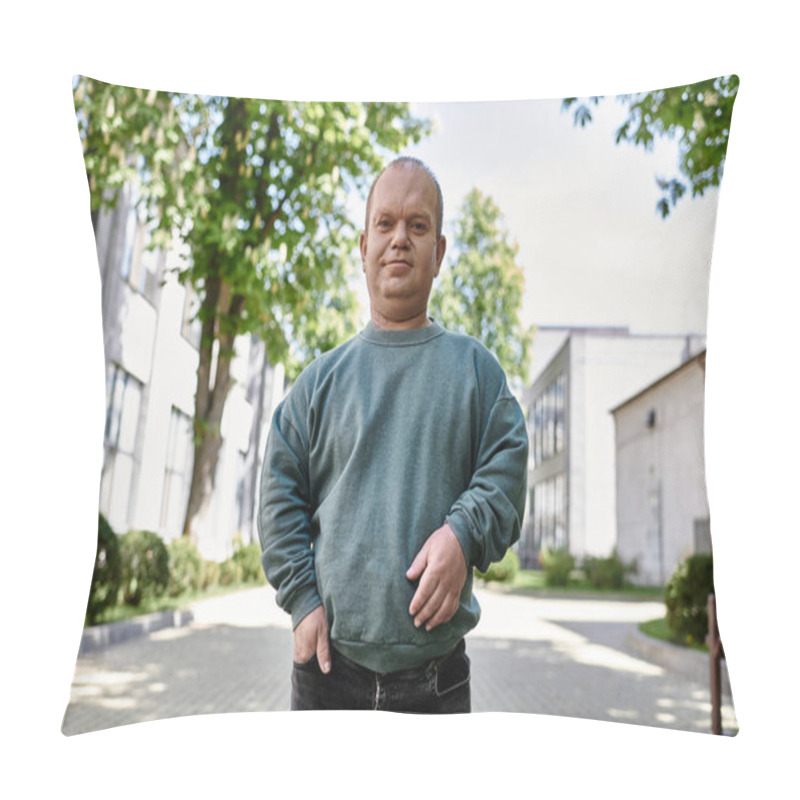 Personality  A Man With Inclusivity Standing On A City Street, Smiling And Looking At The Camera. Pillow Covers