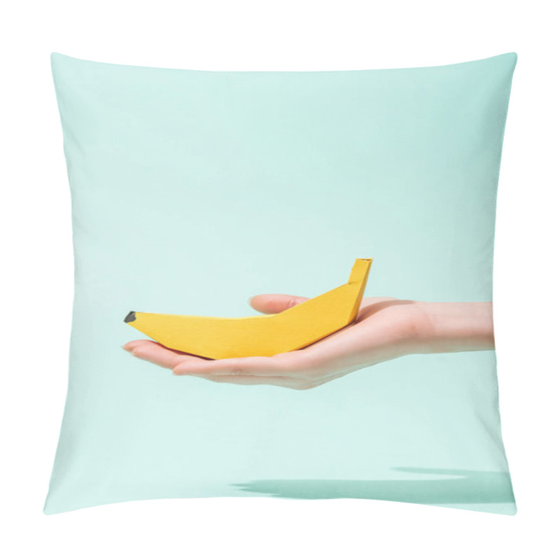 Personality  Cropped View Of Young Woman Holding Paper Banana On Turquoise With Copy Space Pillow Covers