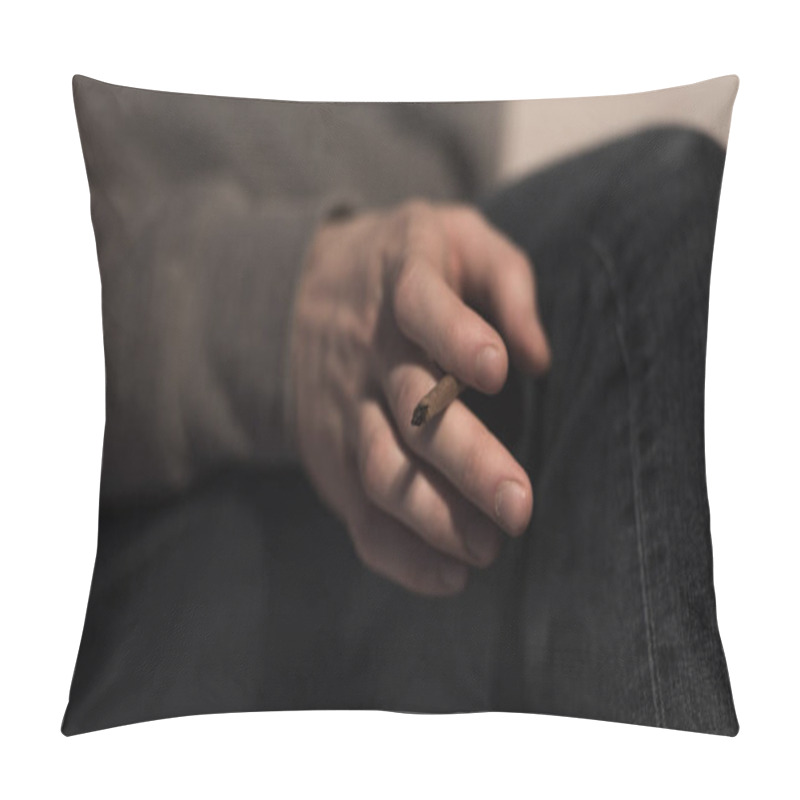 Personality  Selective Focus Of Male Hand With Rolled Marijuana Cigarette Pillow Covers