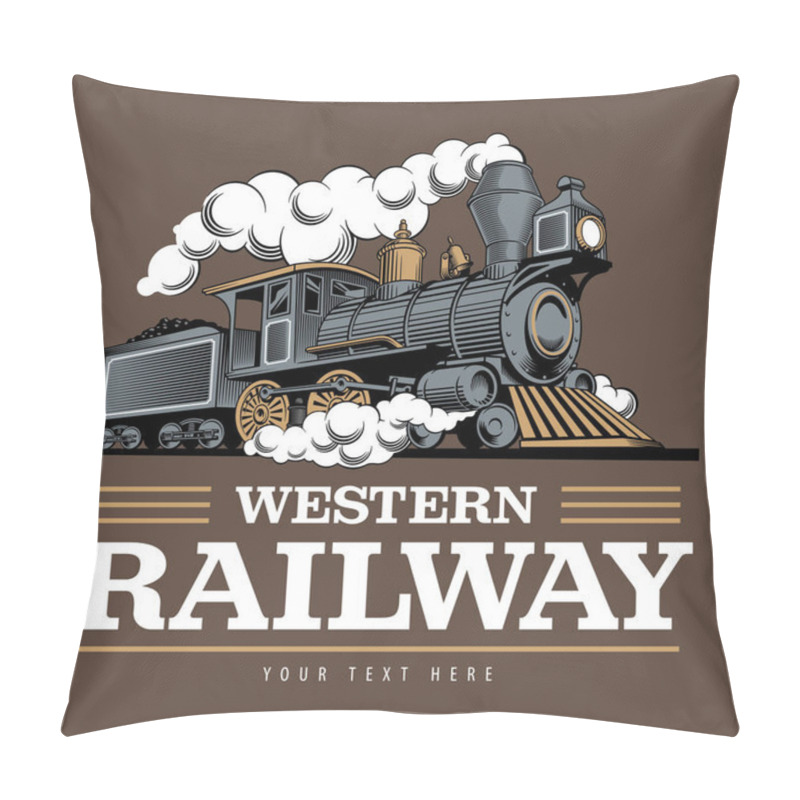 Personality  Vintage Steam Train Locomotive, Engraving Style Vector Illustration. On Brown Background. Logo Design Template. Pillow Covers