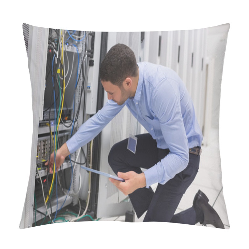 Personality  Man Checking Tablet Pc As He Is Plugging Cables Into Server Pillow Covers