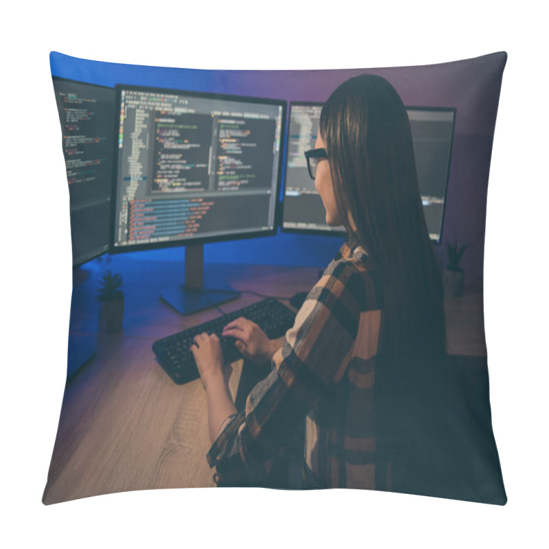 Personality  Back Rear View Photo Of Programmer Improving Security System Of Her Corporation By Using Artificial Intelligence Pillow Covers