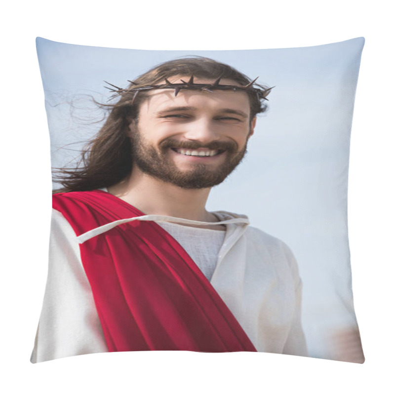 Personality  Portrait Of Smiling Jesus In Robe, Red Sash And Crown Of Thorns Outdoors Pillow Covers