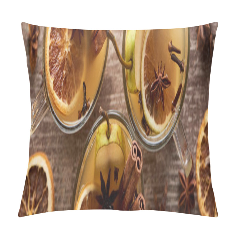 Personality  Top View Of Traditional Pear Mulled Wine In Glasses With Spices On Wooden Rustic Table, Panoramic Shot Pillow Covers