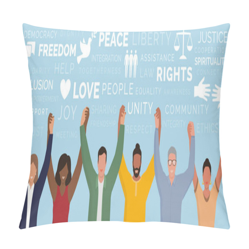 Personality  Happy Diverse Multiethnic People Standing Together Holding Hands, Unity Is Power And Civil Rights Concept, Cloud Tag Of Concepts Pillow Covers