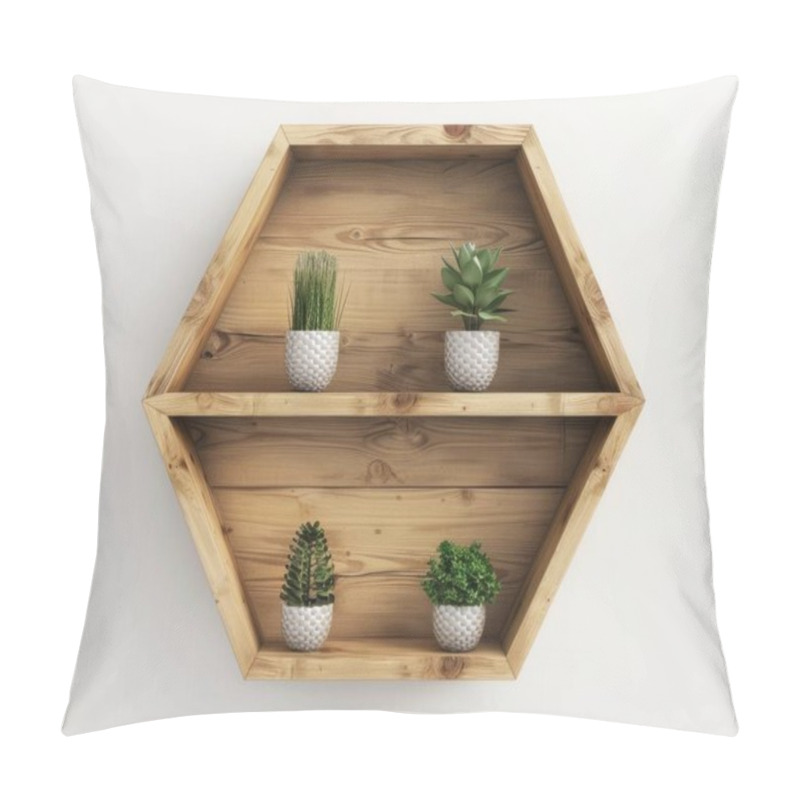 Personality  A Stylish Wooden Hexagon Shelf Displaying A Variety Of Potted Plants In Textured Ceramic Pots. Pillow Covers