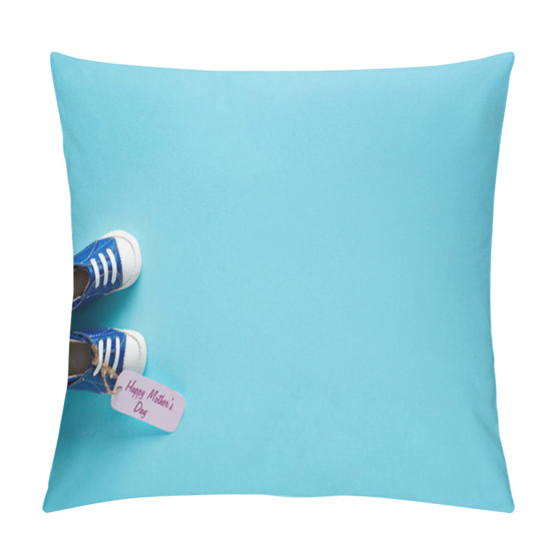 Personality  Top View Of Paper Label With Happy Mothers Day Lettering And Baby Booties On Blue Background Pillow Covers