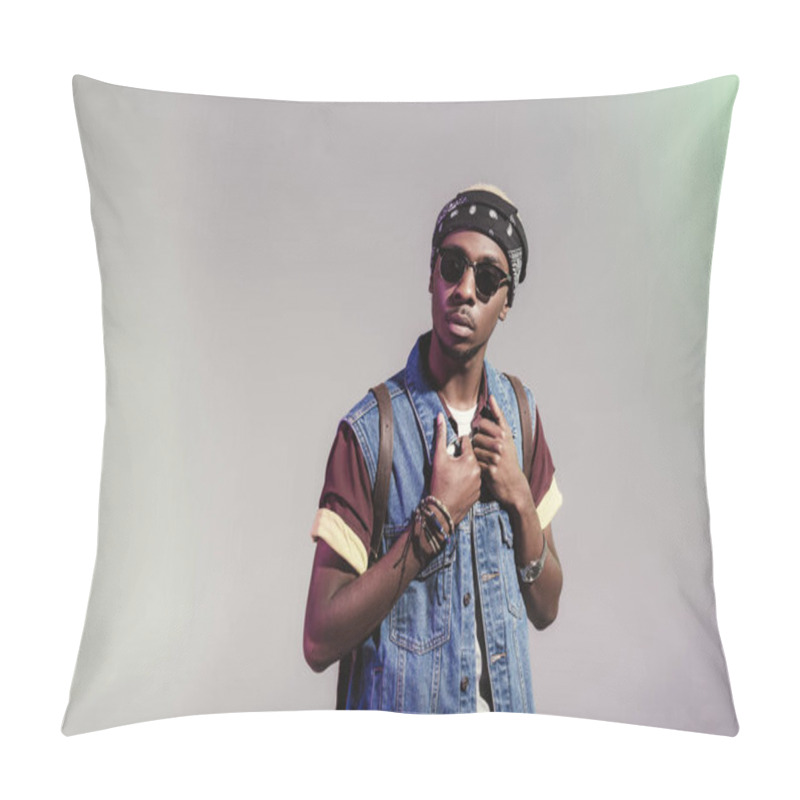 Personality  Portrait Of Stylish Young African American Man In Sunglasses Posing Isolated On Grey Pillow Covers