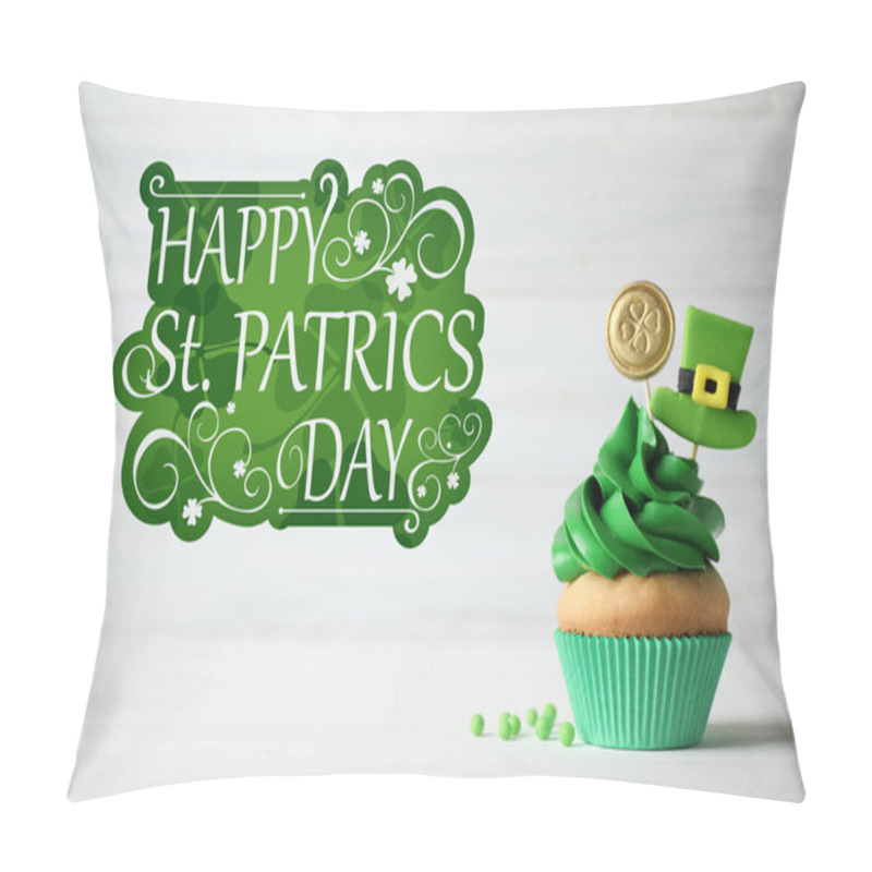 Personality  Decorated Cupcake On White Wooden Table. St. Patrick's Day Celebration Pillow Covers