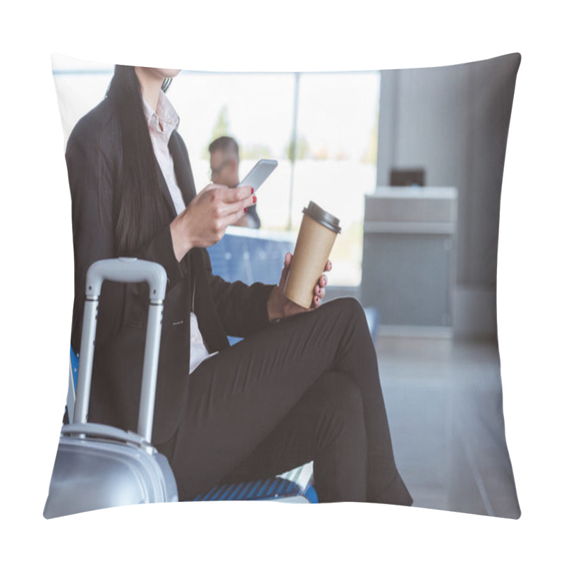 Personality  Close Up Of Young Businesswoman With Coffee To Go Using Smartphone In Departure Lounge At Airport Pillow Covers