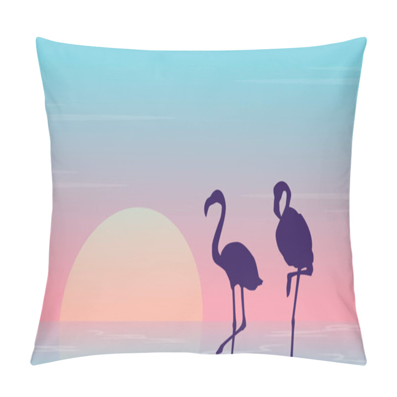 Personality  Beauty Landscape With Flamingo Silhouette On Lake Pillow Covers