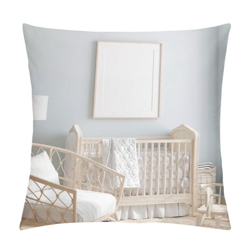 Personality  Mock Up Frame In Boy Nursery With Natural Wooden Furniture, 3D Render Pillow Covers