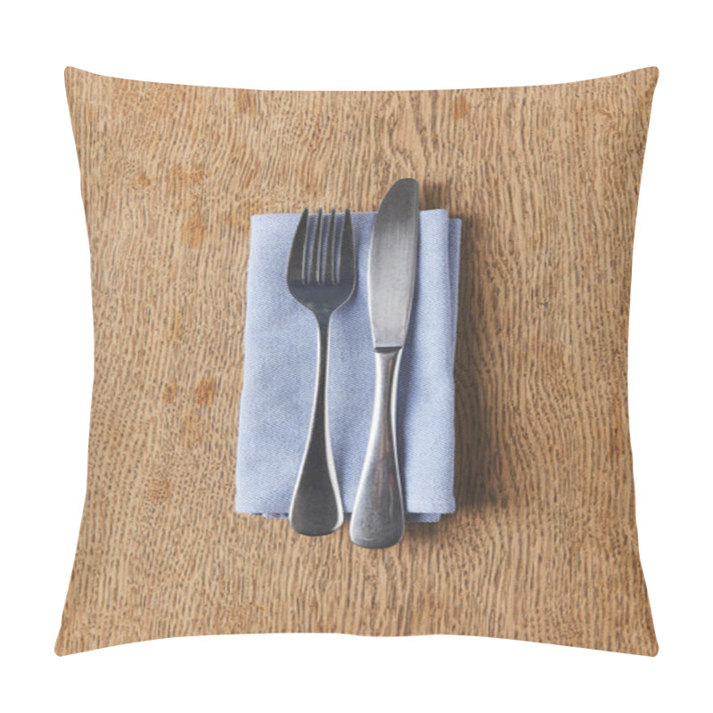 Personality  Fork And Knife On Napkin On Wooden Table Pillow Covers