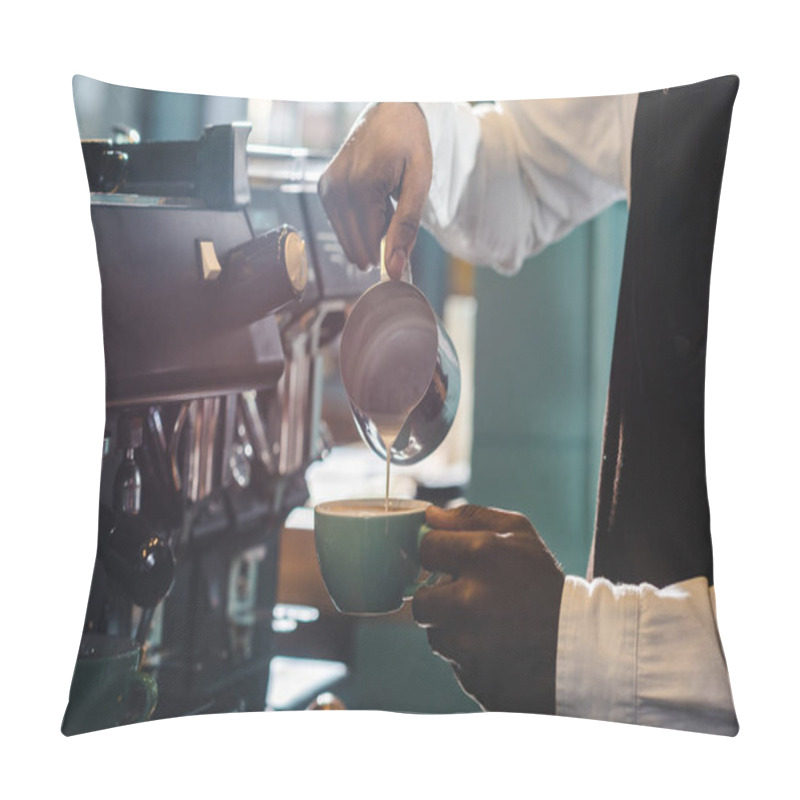 Personality  Cropped Shot Of Barista Preparing Cappuccino In Coffee Shop  Pillow Covers