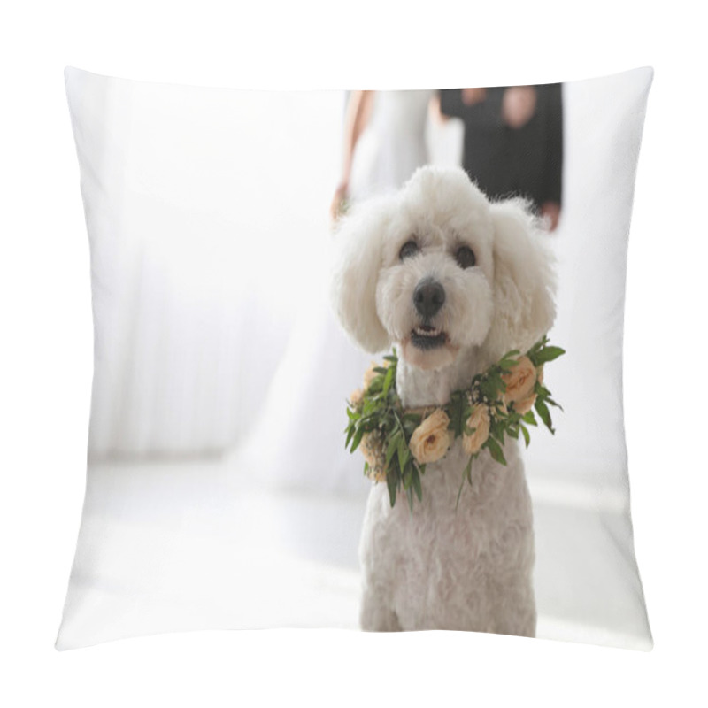 Personality  Adorable Bichon Wearing Wreath Made Of Beautiful Flowers On Wedding. Space For Text Pillow Covers