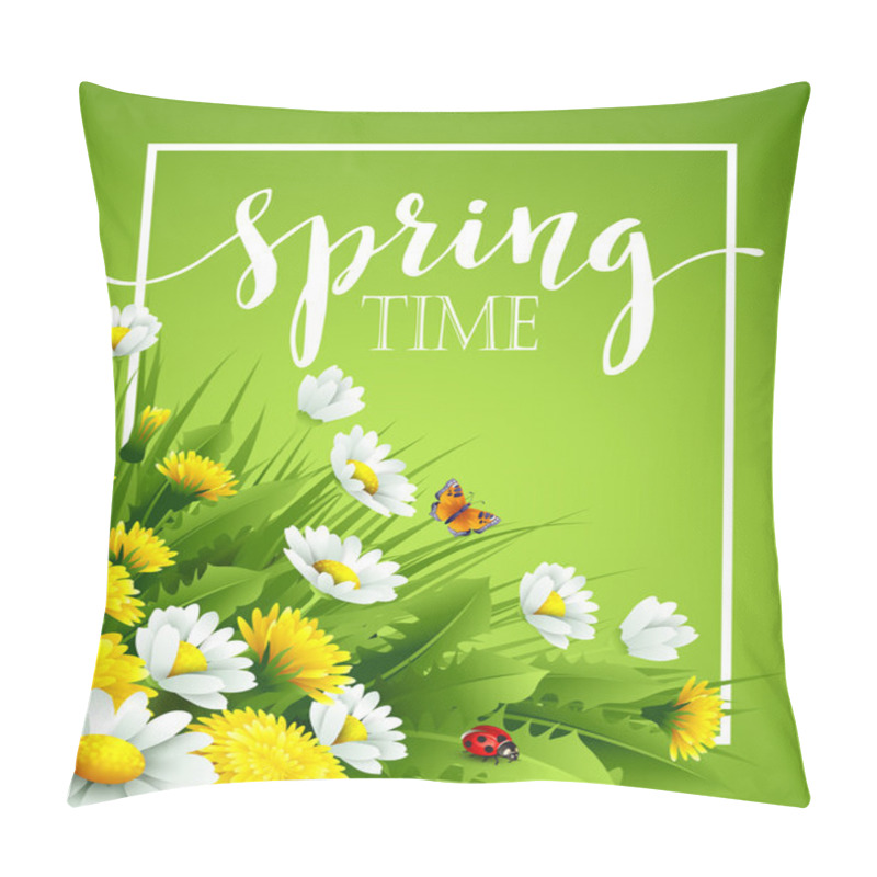 Personality  Fresh Spring Background With Grass, Dandelions And Daisies. Vector Illustration Pillow Covers