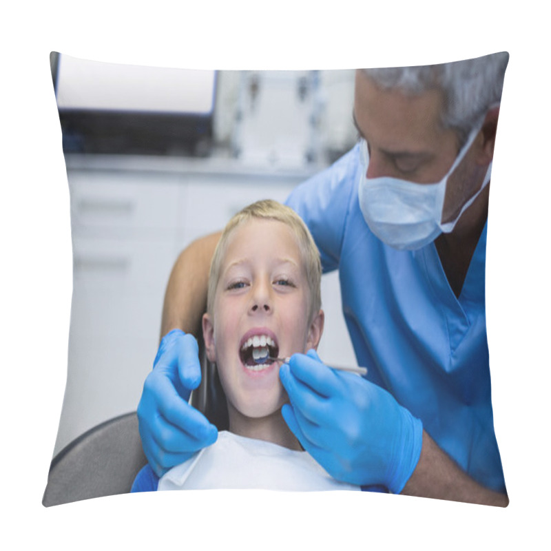 Personality  Dentist Examining A Young Patient With Tools Pillow Covers