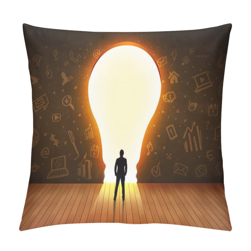 Personality  Business Man Looking At Bright Light Bulb In The Wall  Pillow Covers