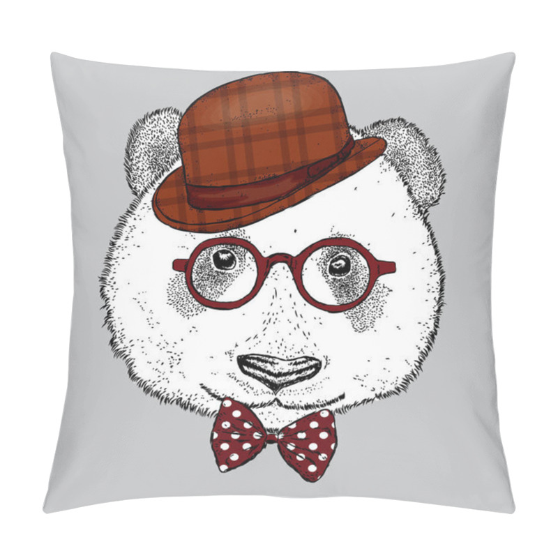 Personality  A Beautiful Panda With A Hat, Glasses And A Tie. Vector Illustration. Bear. Pillow Covers