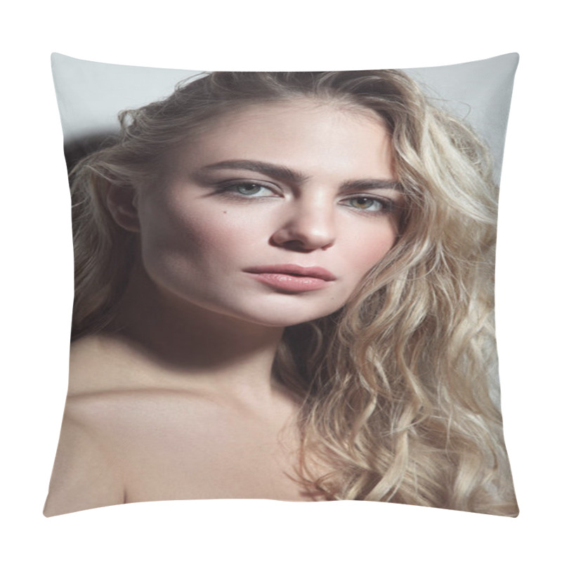 Personality  Portrait Of Young Beautiful Woman With Blond Curly Messy Hair Pillow Covers