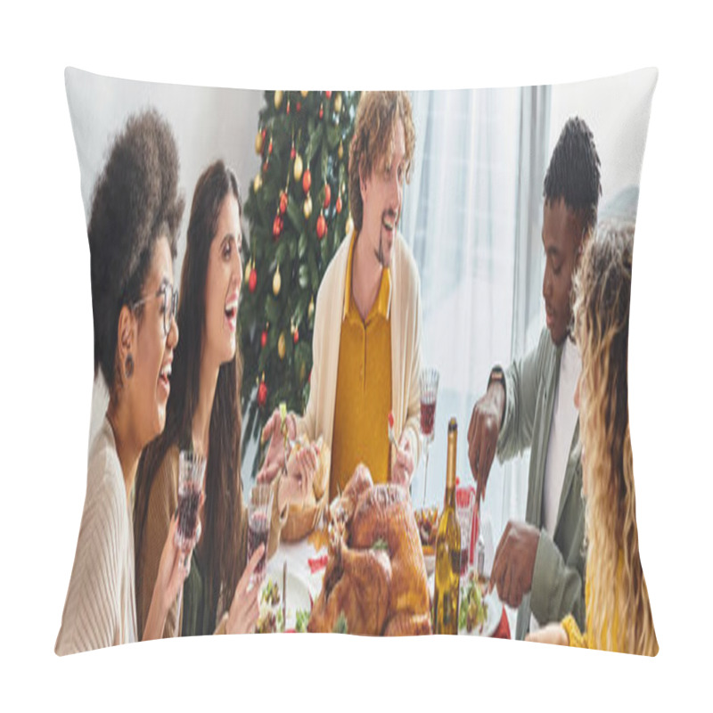 Personality  Big Multiethnic Family Smiling And Eating Festive Lunch With Christmas Tree On Background, Banner Pillow Covers