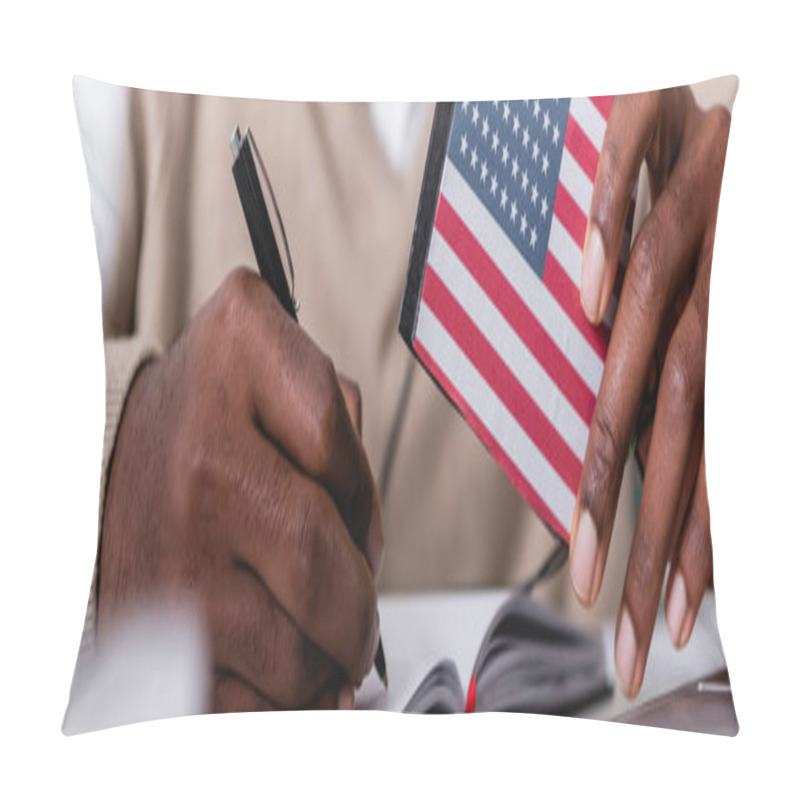 Personality  Selective Focus Of African American Interpreter Writing In Notebook While Holding Digital Translator With Usa Flag Emblem, Cropped View, Banner Pillow Covers