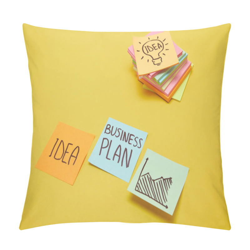 Personality  Paper Stickers With Words Business Plan, Idea And Chart Sign On Yellow Surface Pillow Covers