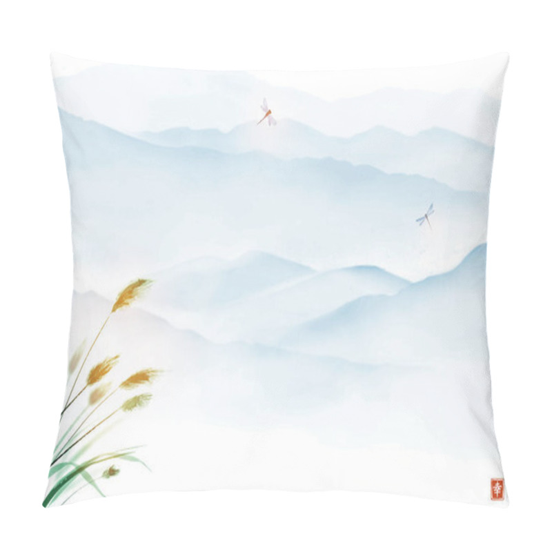 Personality  Oriental Landscape With Leaves Of Grass And Distant Blue Mountains. Traditional Oriental Ink Painting Sumi-e, U-sin, Go-hua. Pillow Covers