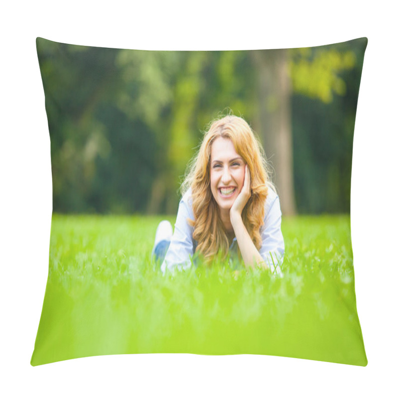 Personality  Smiling Blonde Woman In Green Grass Showing Love Pillow Covers