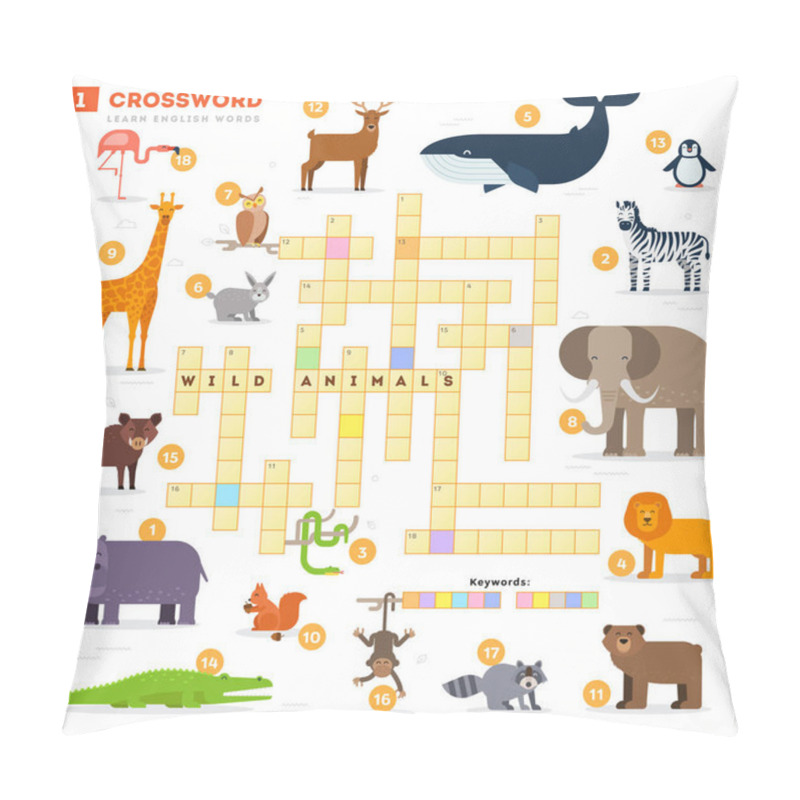 Personality  Crossword With Huge Set Of Illustrations And Keyword In Vector Flat Design Isolated On White Background. Crossword 1 - Wild Animals - Learning English Words With Images Pillow Covers