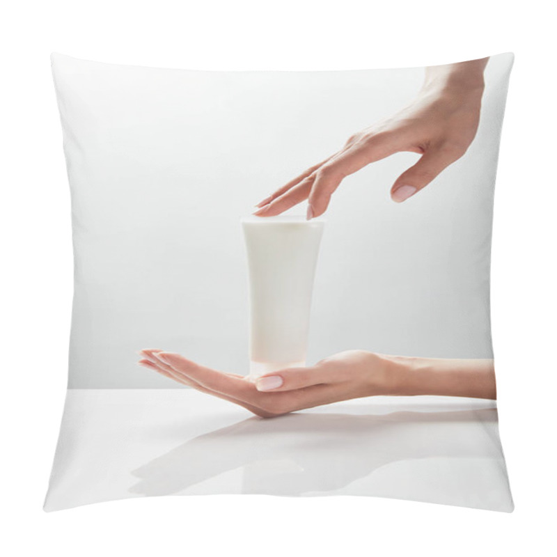 Personality  Cropped View Of Woman Holding Cosmetic Cream Tube In Hands Pillow Covers