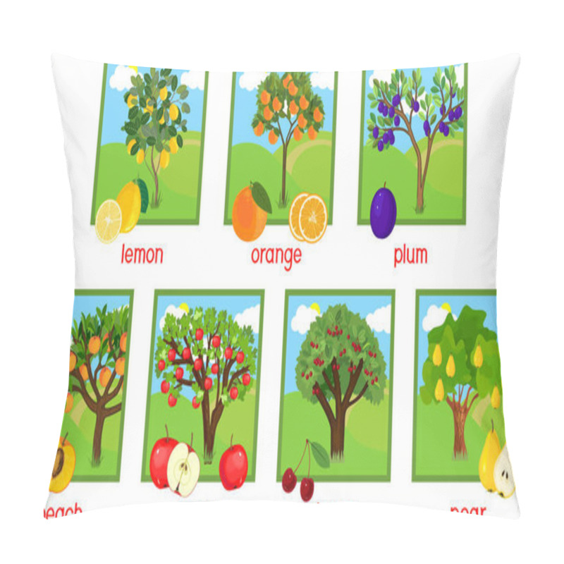 Personality   Set Of Different Fruit Trees With Ripe Fruits And Title Pillow Covers