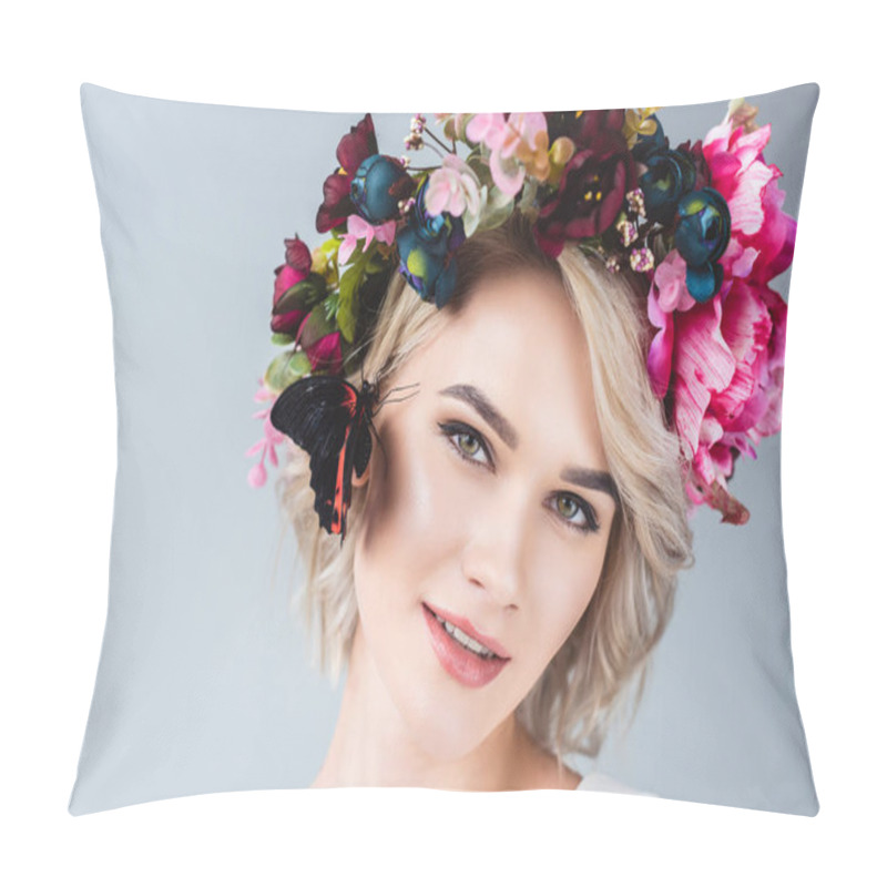 Personality  Attractive Tender Girl Posing In Wreath With Beautiful Butterfly On Cheek, Isolated On Grey Pillow Covers