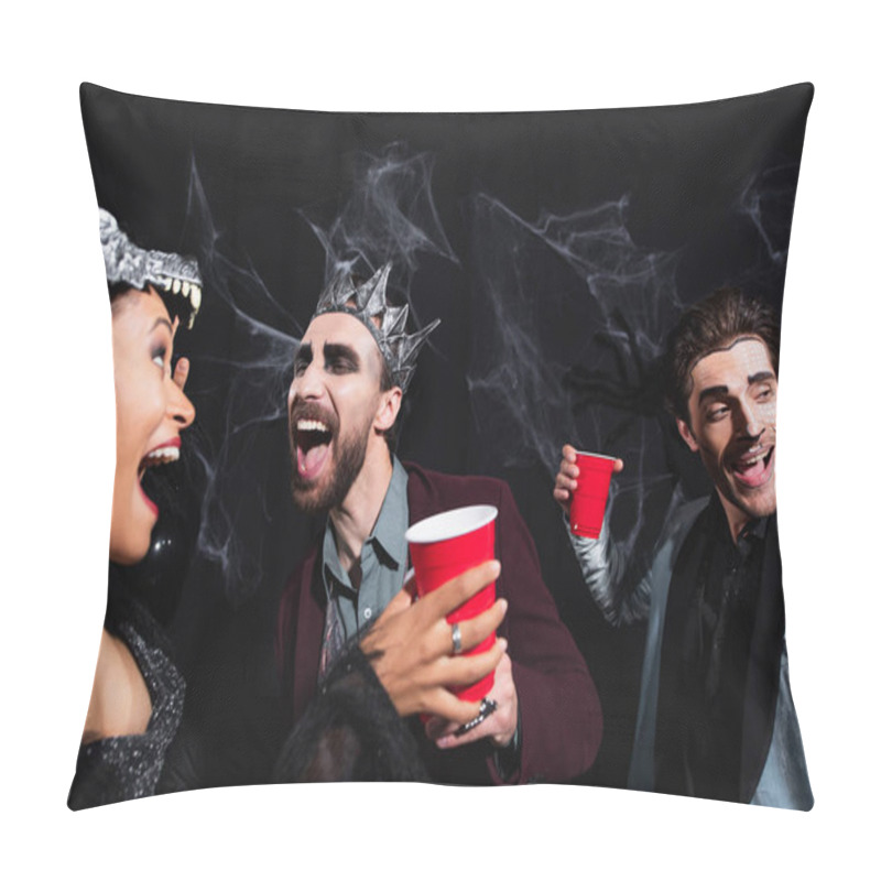 Personality  Excited Multiethnic Friends In Halloween Costumes Dancing During Party On Black Pillow Covers