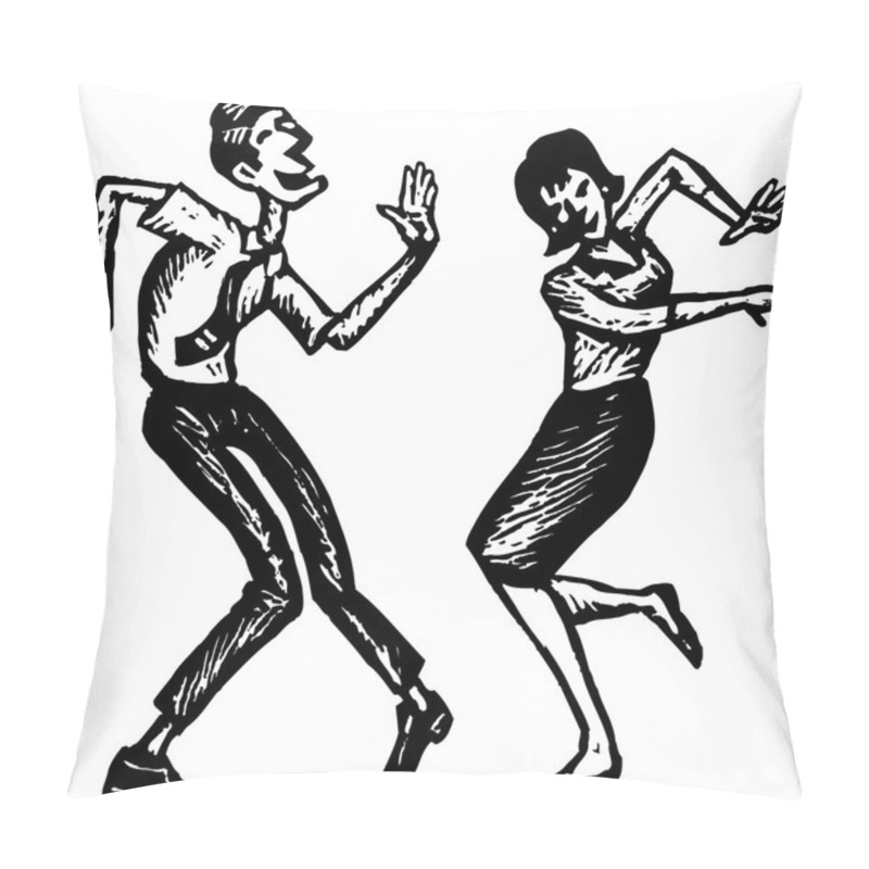 Personality  Woodcut Illustration Of Man And Woman Dancing Pillow Covers