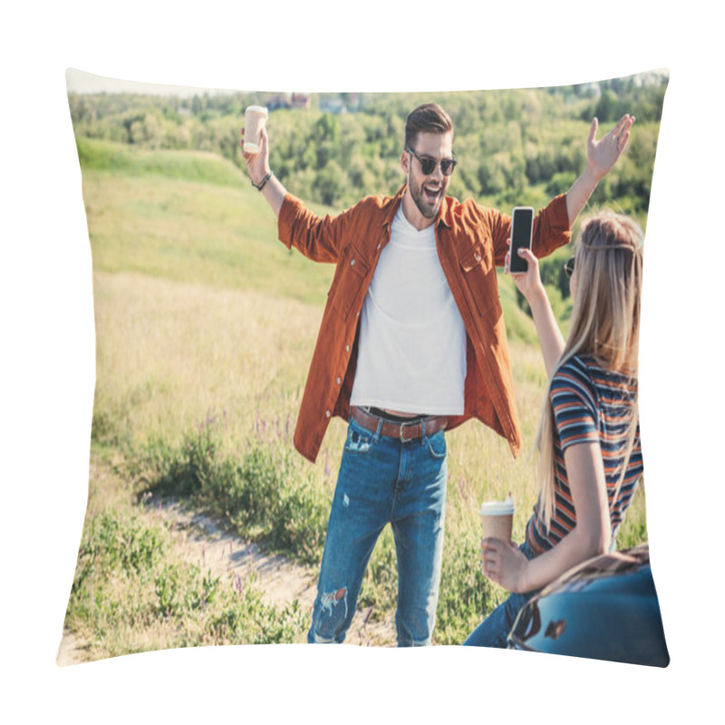 Personality  Rear View Of Woman Taking Picture Of Boyfriend With Wide Arms Holding Coffee Cup Near On Rural Meadow  Pillow Covers