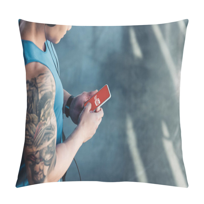 Personality  Cropped View Of Young Sportsman Using Smartphone With Youtube App And Listening To Music Pillow Covers