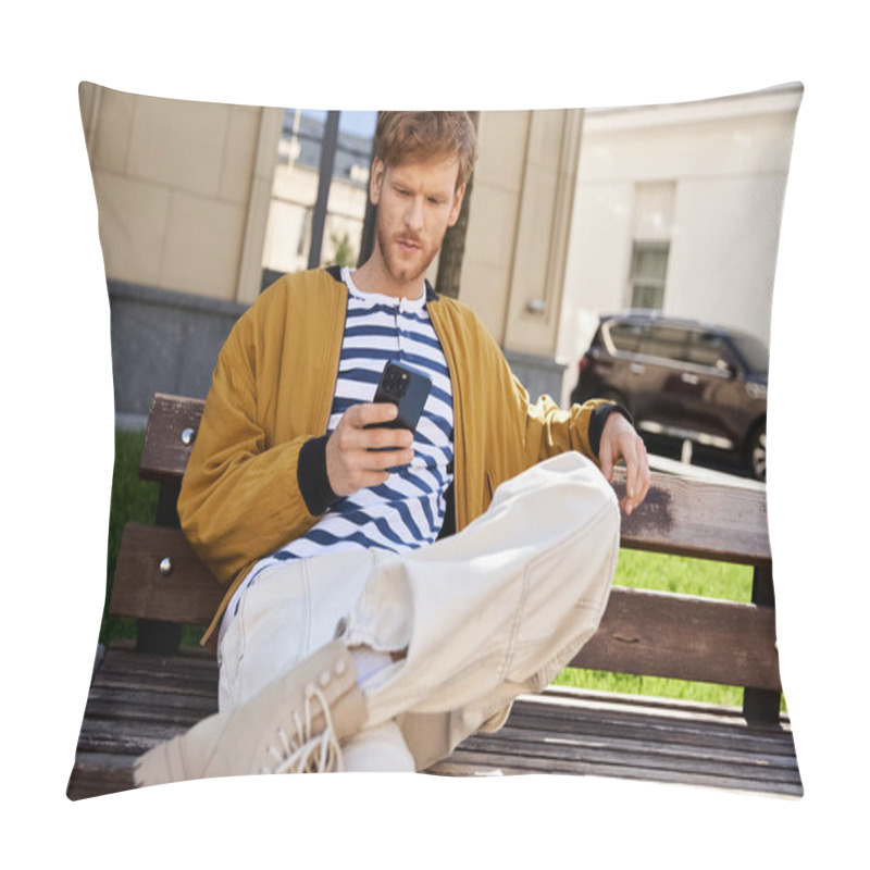 Personality  Young Man In Debonair Attire, Red Hair, Sitting On Bench, Engrossed In Cell Phone. Pillow Covers