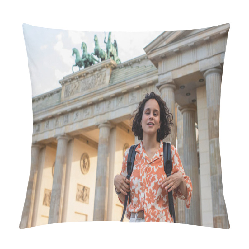 Personality  Smiling Tourist With Backpack Standing Near Brandenburg Gate In Berlin  Pillow Covers