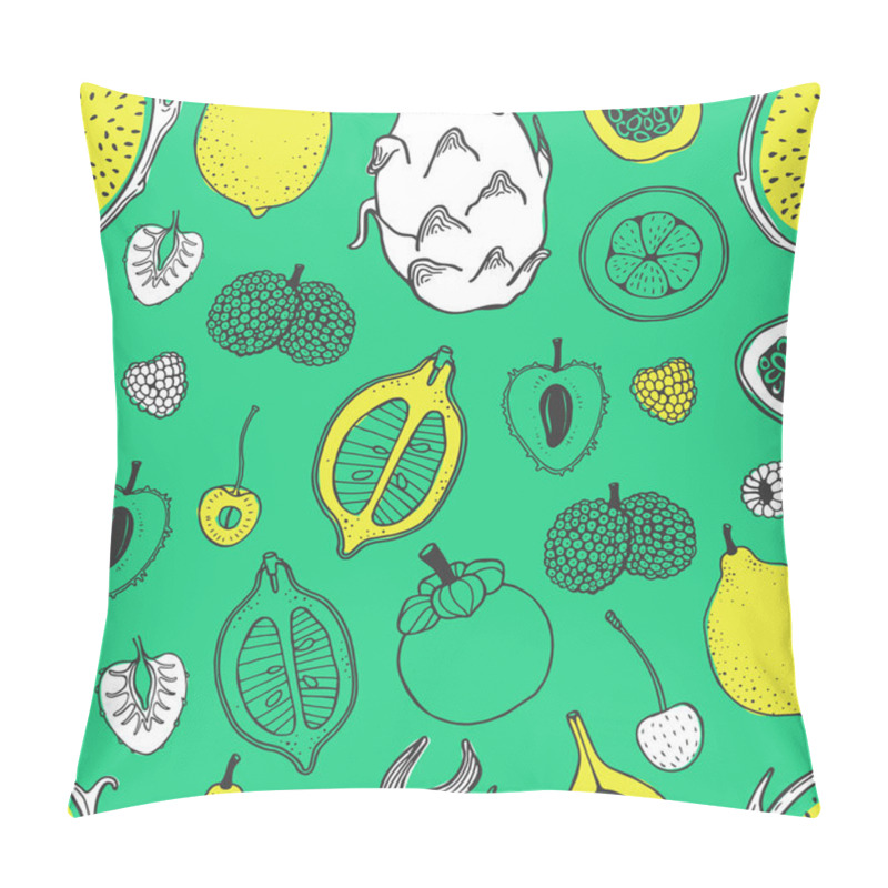 Personality  Seamless Nature Pattern With Sketch Of Fruit. Yellow And White Vector Line Illustration Of Papaya, Fig, Pear, Peach, Mangosteen, Lychee On Turquoise Background. Tropical Food. Pillow Covers