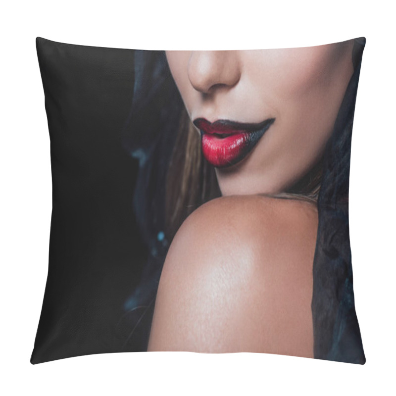 Personality  Cropped View Of Dark Black And Red Lips Isolated On Black Pillow Covers