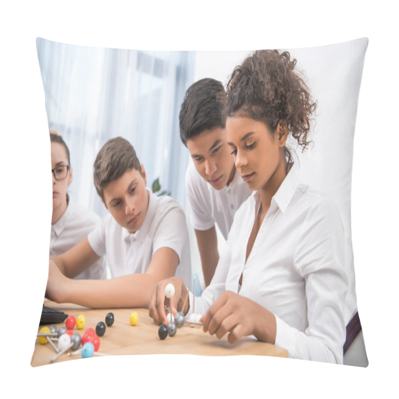 Personality  Young Multicultural Students Picking Molecular Model For Chemistry Lesson Pillow Covers