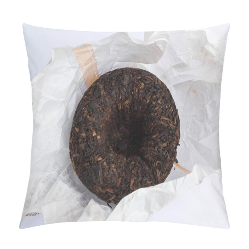 Personality  Close-up Of Pressed Tuocha Puer Tea On Wrapping Paper On White Background Pillow Covers