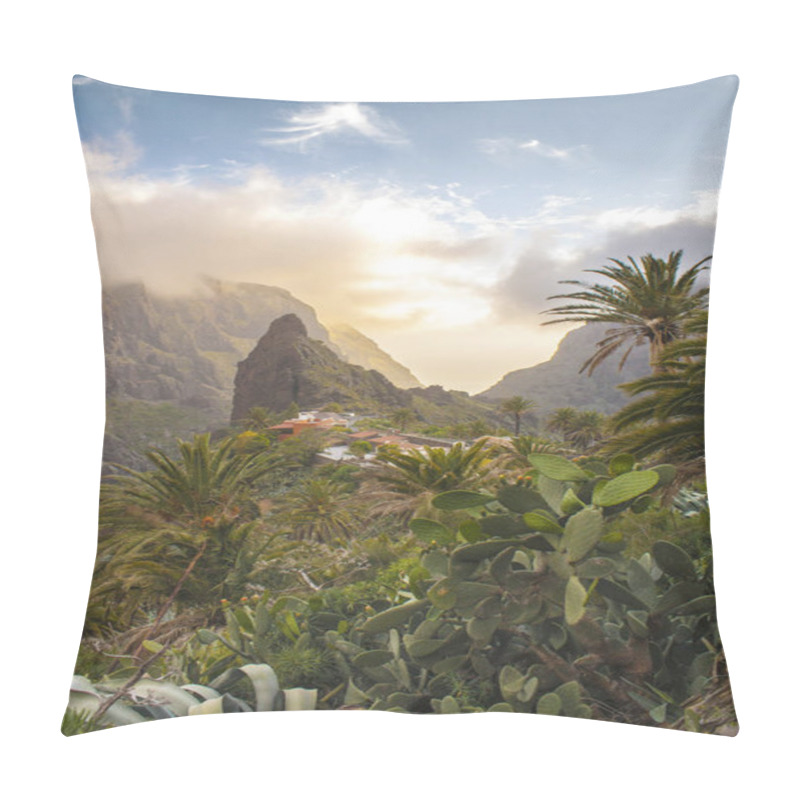 Personality  Stunning Landscape Mountain Village In  Deep Canyon With Jungle Forest On A Paradise Island. Beautiful Golden Hour Sunrise Sunset Soft Light. Travel Photo, Postcard. Masca, Tenerife, Canary Islands Pillow Covers