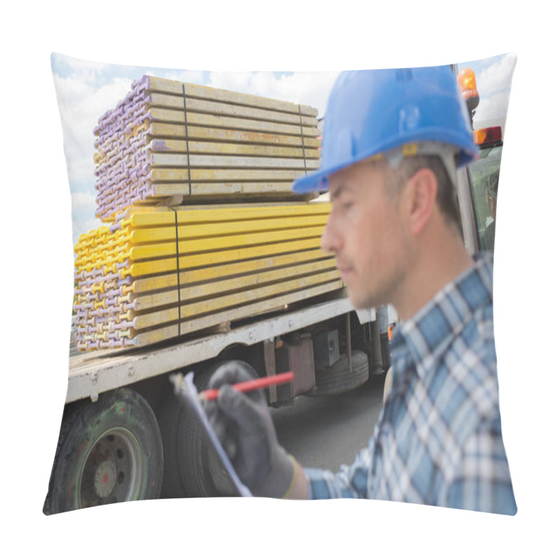 Personality  Man With Clipboard Beside Delivery Of Wood Pillow Covers