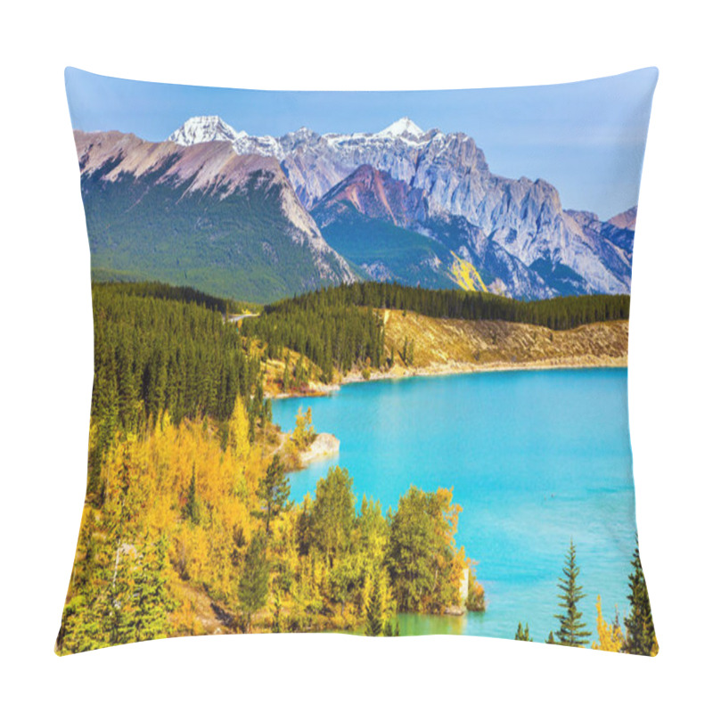 Personality  Mountain Valley In The Rocky Mountains Of Canada. Concept Of Active, Ecological And Photo Tourism. Artificial Abraham Lake Reflects The Golden Foliage Of Aspen And Birches Pillow Covers